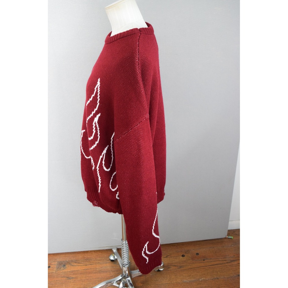 PacSun Flame Sweater Small Burgundy Distressed Hem Graphic Knit Mens Streetwear - Picture 2 of 6
